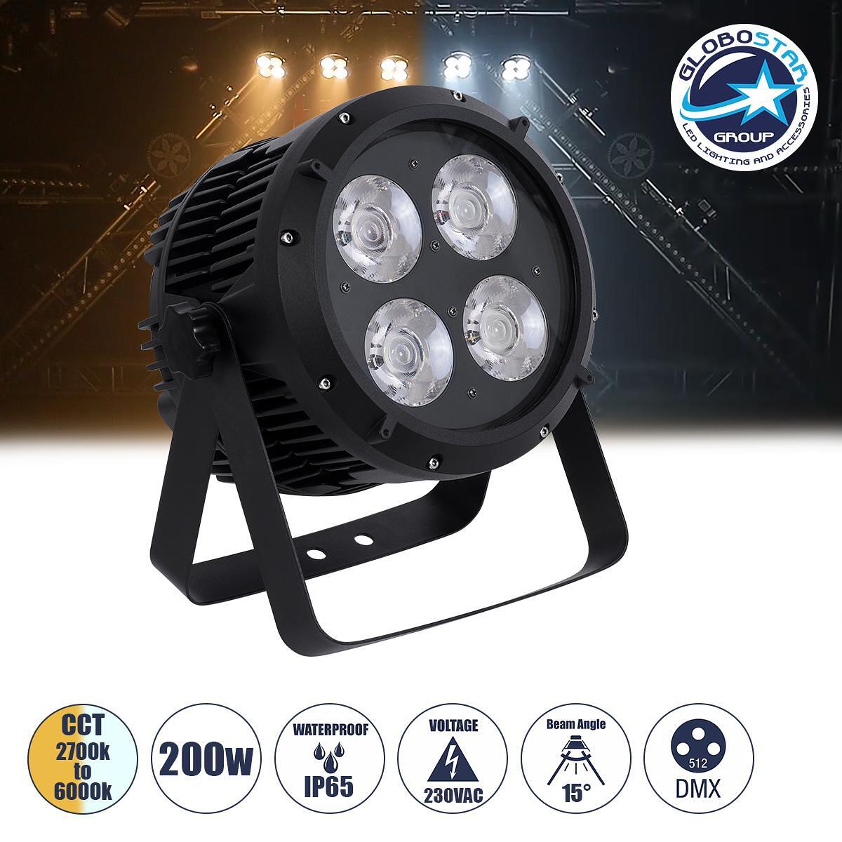 GloboStar® 51119 TYPHON Професионална PAR DMX512 глава 200W AC 220V-240V - SPOT - 15° OSRAM LED Водоустойчива IP65 - CCT Топло бяло 2700K - Неутрално