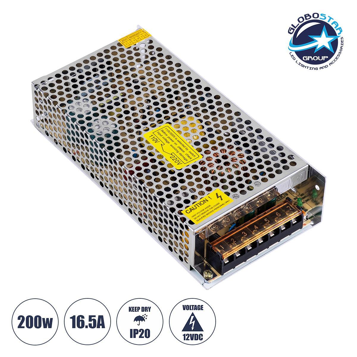 GloboStar® 73091 Метално Захранване PELV TRIAC DIMMABLE за LED продукти 200W 16.66A - AC 220-240V към DC от 0.5V (0%) до 12V (100%) - IP20 L20 x W9 x