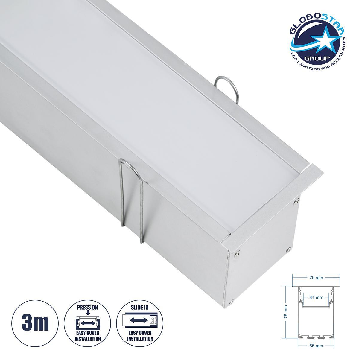 GloboStar® RECESS-PROFILE 70829-3M Алуминиев профил – Основа и радиатор за LED лента с бяло матово покритие – За вграждане – Натискащ се капак – Среб