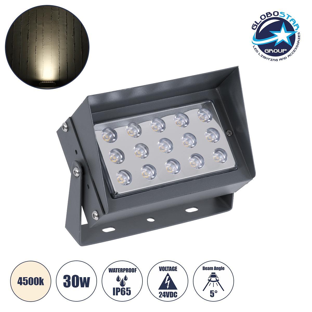 GLOBOSTAR® FLOODKAMY 90373 Прожектор Спот Wall Washer с Антибликова Решетка LED 30W 3450lm 5° DC 24V Водоустойчив IP65 Неутрално Бяло 4500K Димируем