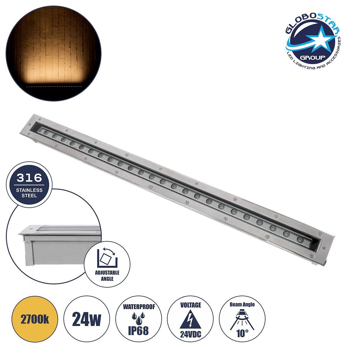 GloboStar® UNDERGROUND-PASSAGGIO 90196 Вградена LED Wall Washer лампа за под 24W 2160lm 10° DC 24V Водоустойчива IP68 с регулируем ъгъл на осветяване