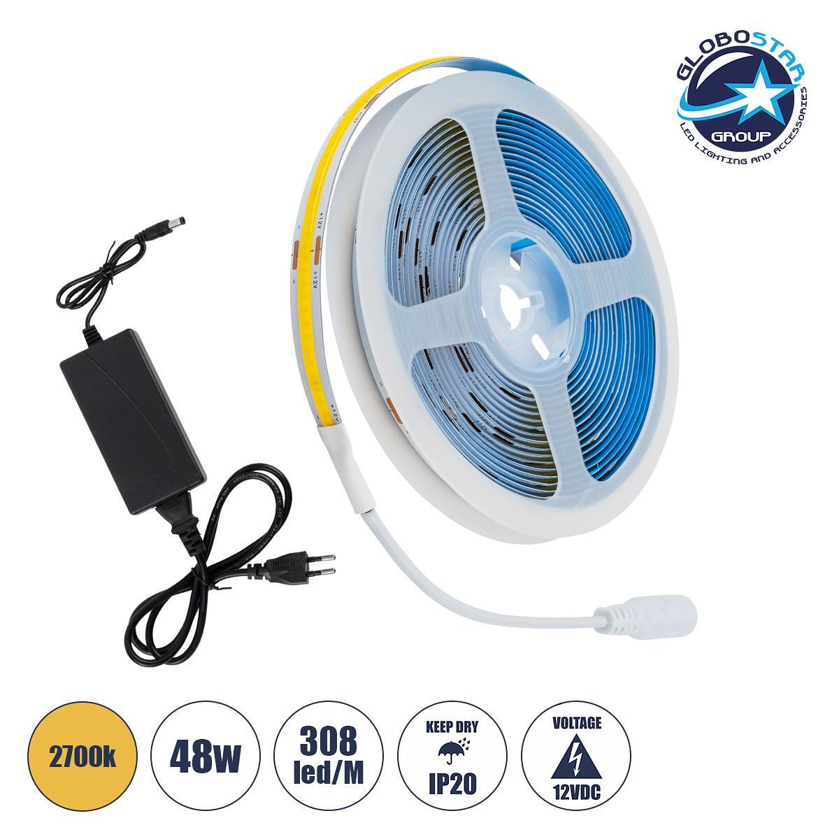 GLOBOSTAR® CHROMAWAVE 70415 Комплект LED лента с захранване 48W/5m 3840lm/5m 120° AC 220-240V IP20 1540 x COB чип/5m Топло бяло 2700K - Д500 x Ш1 x В