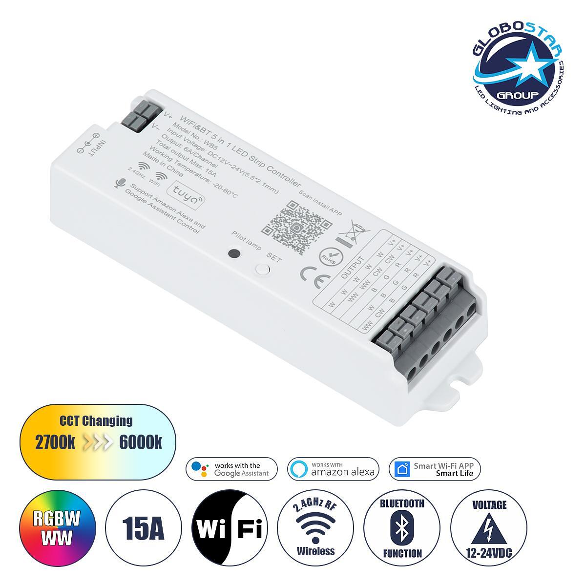 GLOBOSTAR® TUYA-WB5 73008 DC WiFi & Bluetooth Master Димер / Контролер с Висока Скорост с 5 x 6A 72W Канала DC 12-24V 15A 360W Макс IP20 - WiFi & Blu