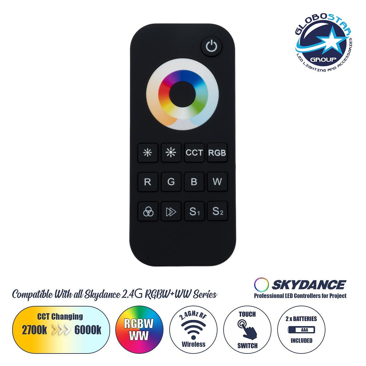 GloboStar® 73009 RT5 SKYDANCE Безжично RF 2.4Ghz тъч дистанционно 1 група за всички RGBW+WW SKYDANCE контролери DC 3V 2 x AAA - IP20 Черен М5.3 x Ш1.