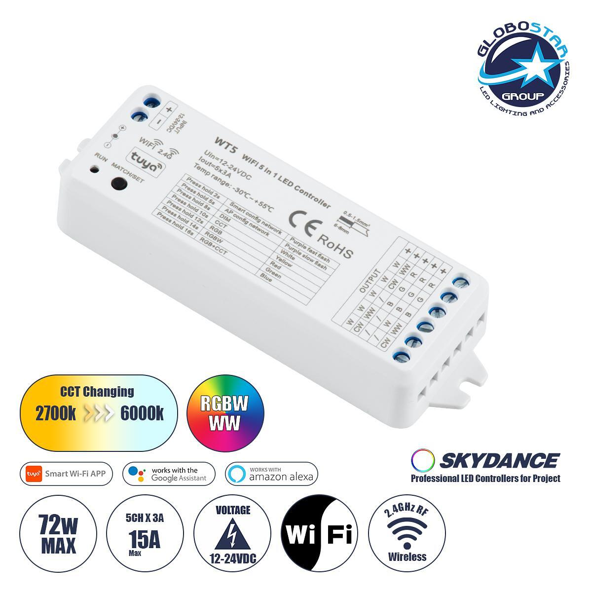 GloboStar® 73010 WT5 SKYDANCE DC WiFi & RF 2.4Ghz Димер Контролер с Висока Скорост 5 Канала DC 12-24V 5 x 3A 72W - Макс 15A 360W - IP20 Д10 x Ш4 x В2
