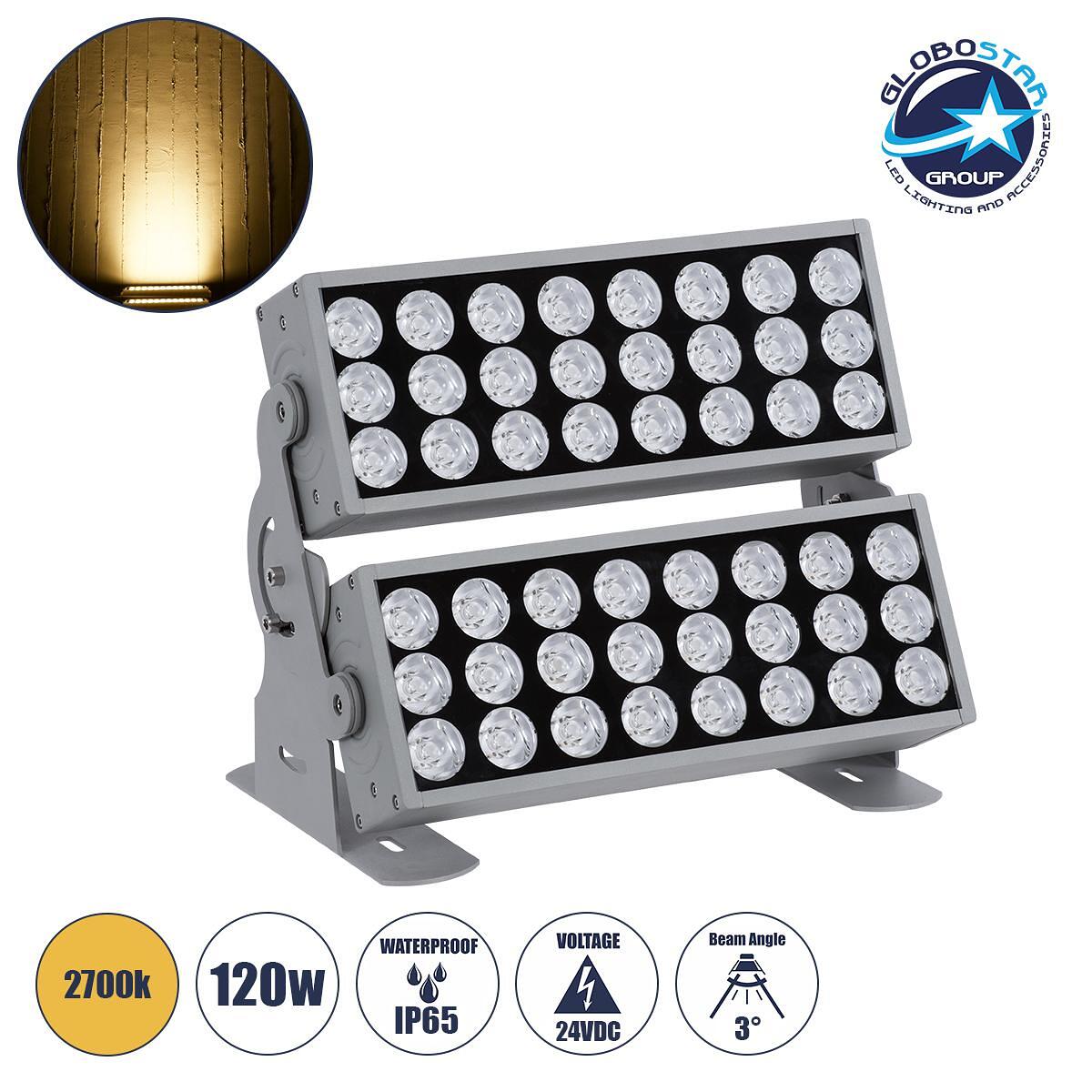 GloboStar® FLOOD-ZENA 90220 Прожектор Wall Washer за осветление на сгради LED 120W 10800lm 3° DC 24V Водоустойчив IP65 L38 x W30.5 x H24cm Топло бяло