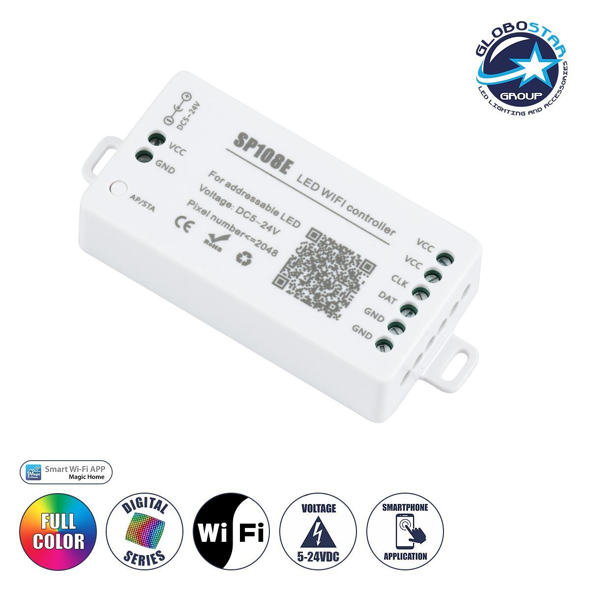 GloboStar® 73409 SP108E Безжичен WiFi LED FULL COLOR Magic Digital Pixel Контролер iOS/Android за LED Дигитални Многоцветни и Едноцветни Продукти DC