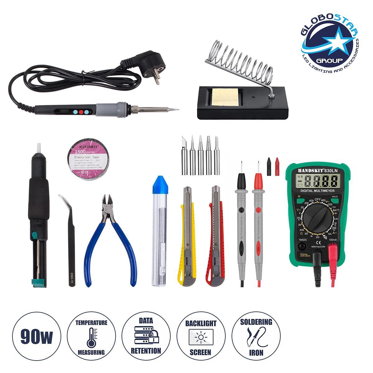 GLOBOSTAR® ELEKIT 79978 Комплект DIY Инструменти за Електроника – Поялник и Стойка, Абсорбираща Помпа за Запояване, Клещи за Рязане, Пинсета Tweezer,