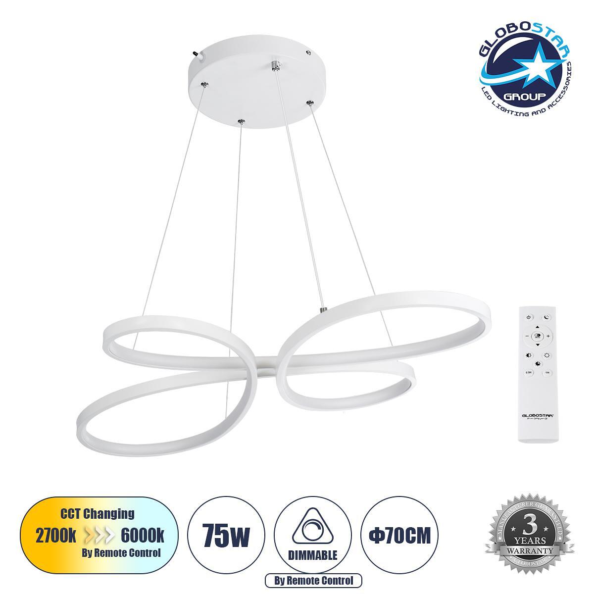 GLOBOSTAR® BUTTERFLY 61392 Модерен висящ LED плафон 75W 8400lm 300° AC 220-240V IP20 Регулируема бяла светлина CCT с дистанционно управление от 2700K