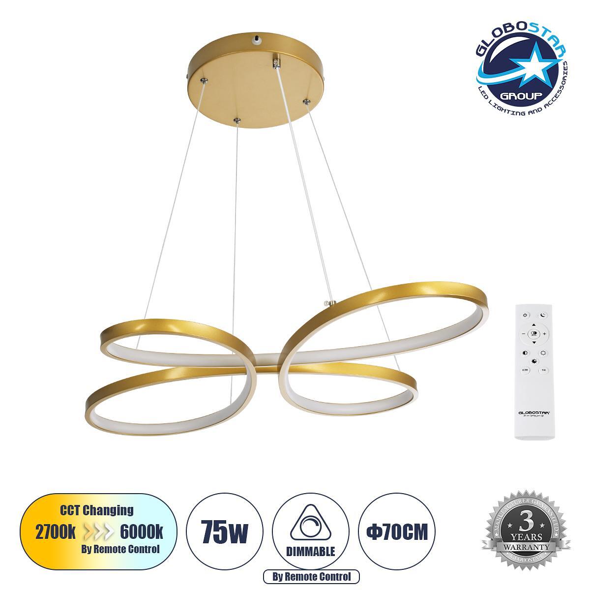 GLOBOSTAR® BUTTERFLY 61393 Модерен висящ LED плафон 75W 8400lm 300° AC 220-240V IP20 Регулируема бяла светлина CCT с дистанционно управление от 2700K