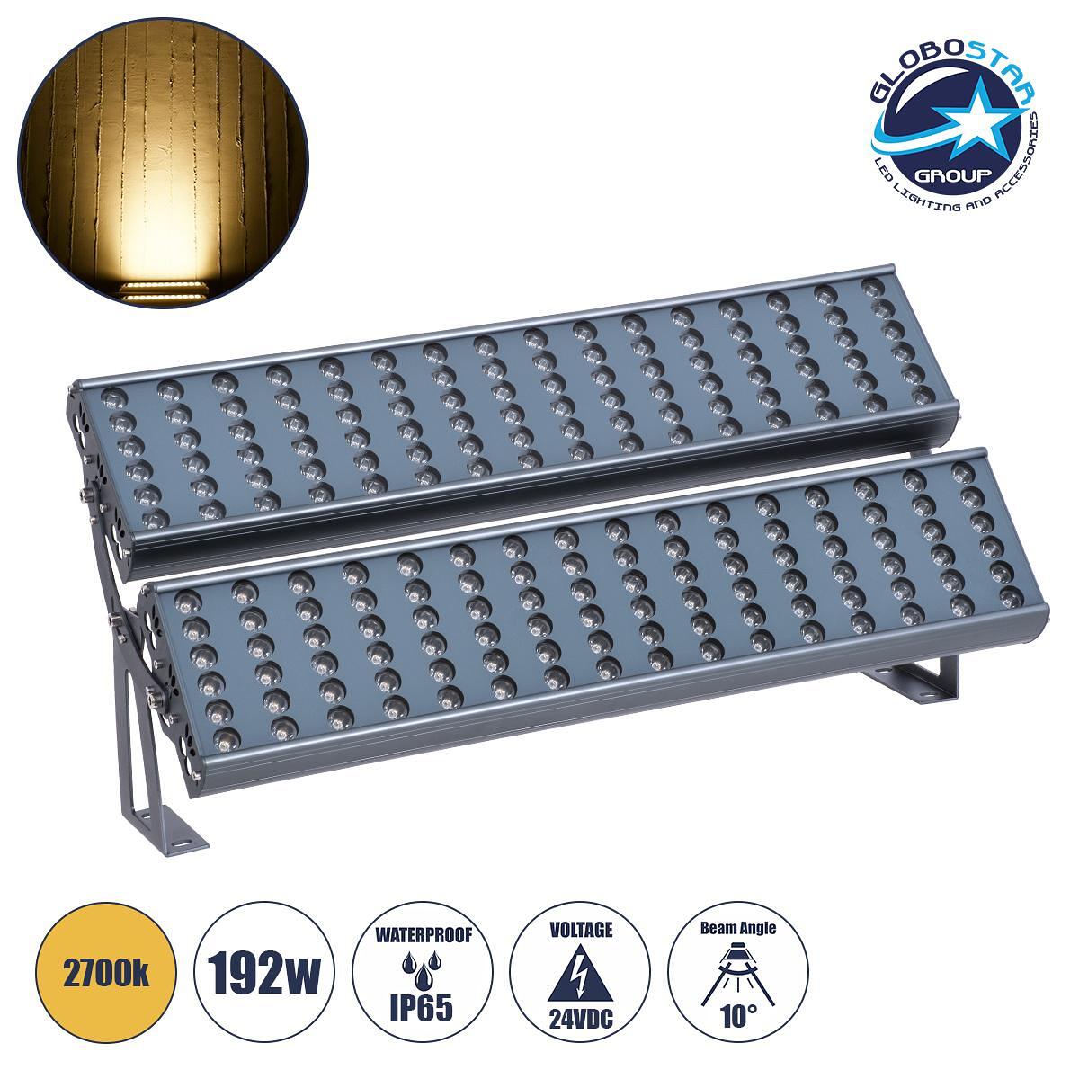 GloboStar® FLOOD-TENA 90225 Прожектор Wall Washer за осветление на сгради LED 192W 17280lm 10° DC 24V Водоустойчив IP65 L68.5 x W33 x H24cm Топло бял