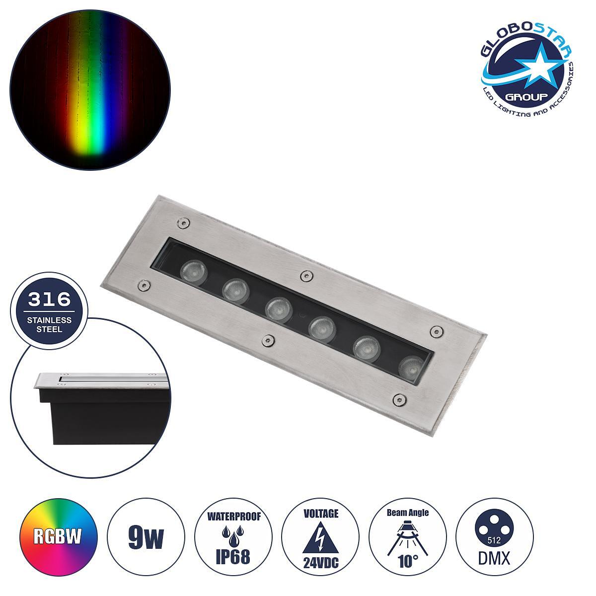 GLOBOSTAR® UNDERGROUND-REMVI 90191 Вградена LED осветителна шина Wall Washer 9W 765lm 10° DC 24V Водоустойчива IP68 RGBW Димируема DMX512 - Неръждаем
