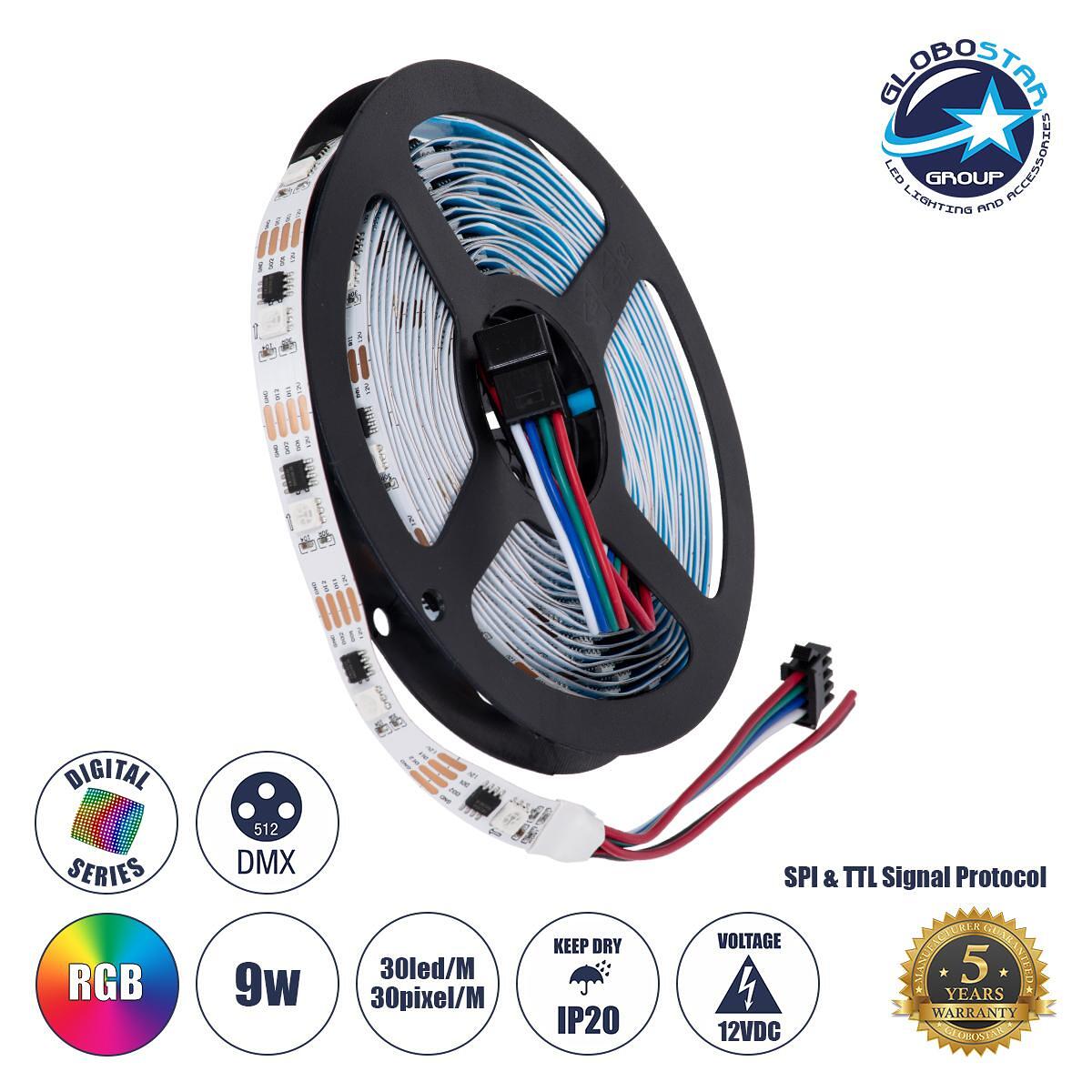 GLOBOSTAR® DIGIPRO 90599 Дигитална Pixel Addressable LED лента 9W/m 540lm/m 120° DC 12V IP20 30 x SMD5050 чипа/m 30 x Pixel/m RGB Димируема SPI/TTL п