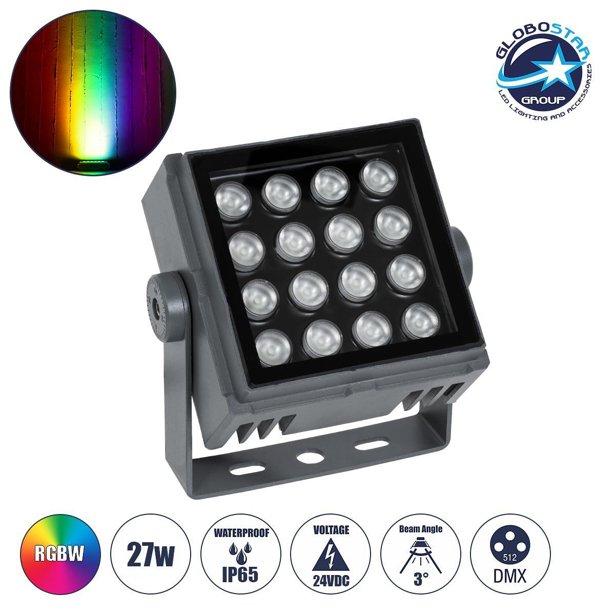 GLOBOSTAR® FLOODTINY 90370 Прожектор Спот Wall Washer LED 27W 2295lm 3° DC 24V Водоустойчив IP65 Многоцветен RGBW Димируем DMX512 - Bridgelux SMD Чип