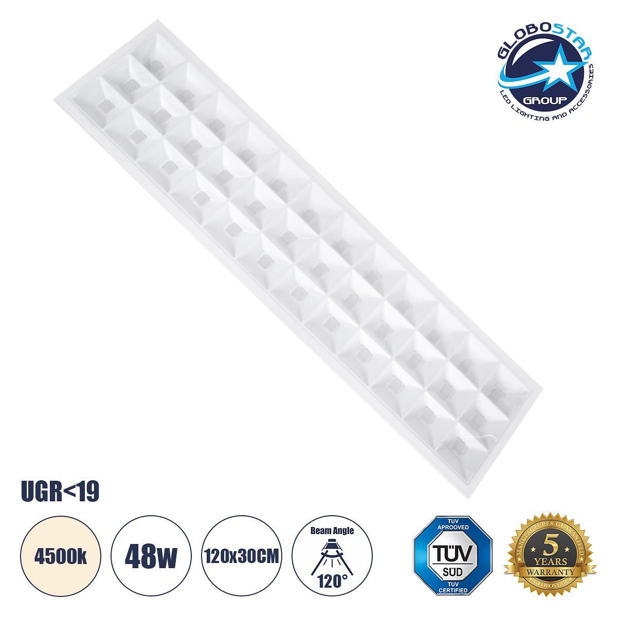 GLOBOSTAR® ZEUS 60972 Вграден Панел за Таван 120x30 с Anti Glare Reflector LED 48W 7200lm 120° CRI≥85Ra UGR<19 AC 220-240V IP20 Неутрално Бяло 4500K