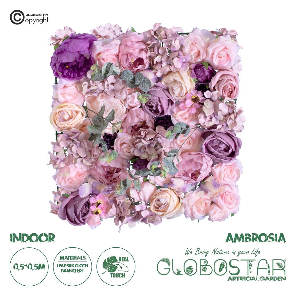GloboStar® Изкуствена Градина AMBROSIA 20265 Изкуствен Декоративен Панел с Цветя - Вертикална Градина композиция Амброзия Ш50 x Д50 x В9cm
