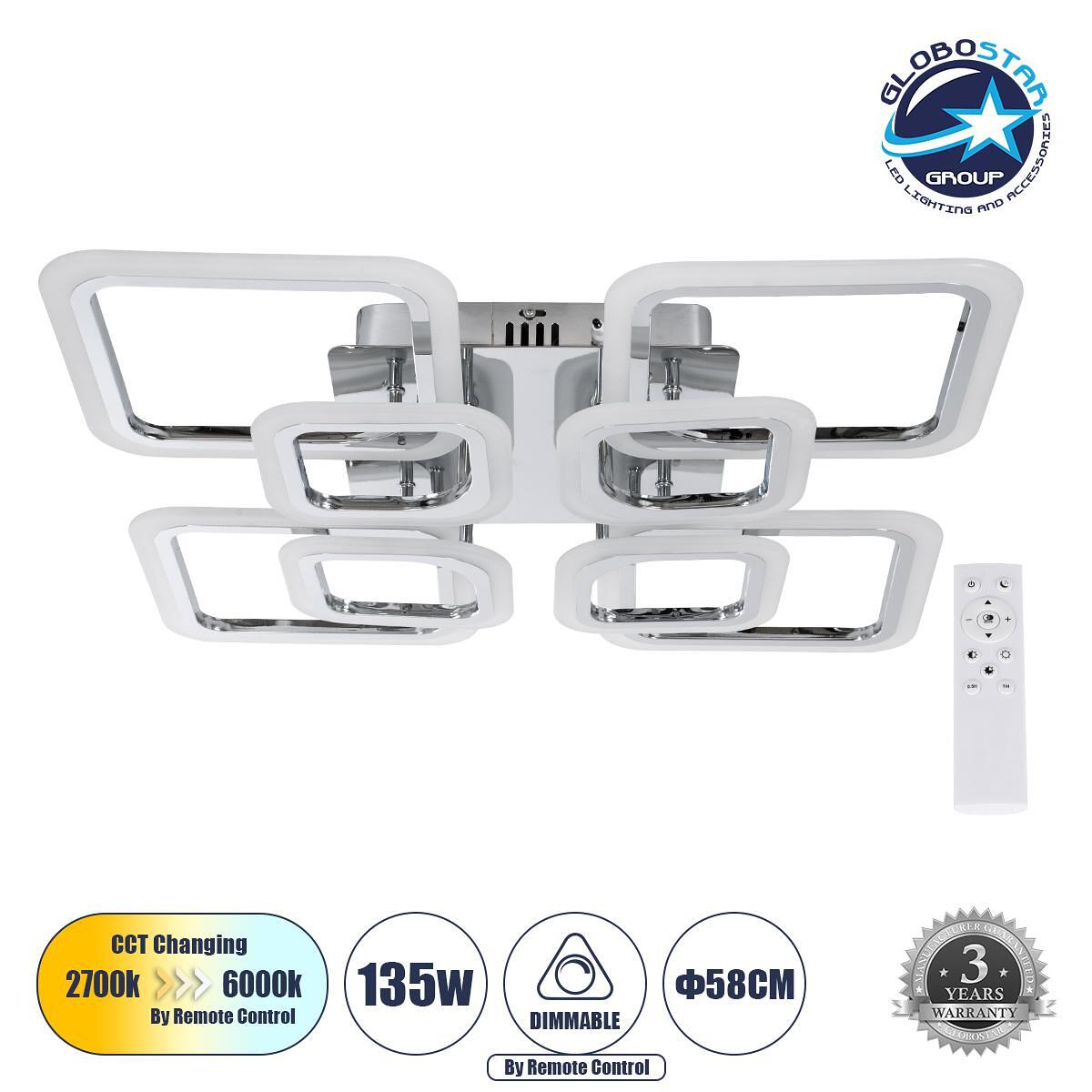 GLOBOSTAR® ROYAL-S 61326 Модерен LED плафон 135W 16200lm 360° AC 220-240V IP20 Регулируема бяла светлина CCT с дистанционно управление от 2700K до 60