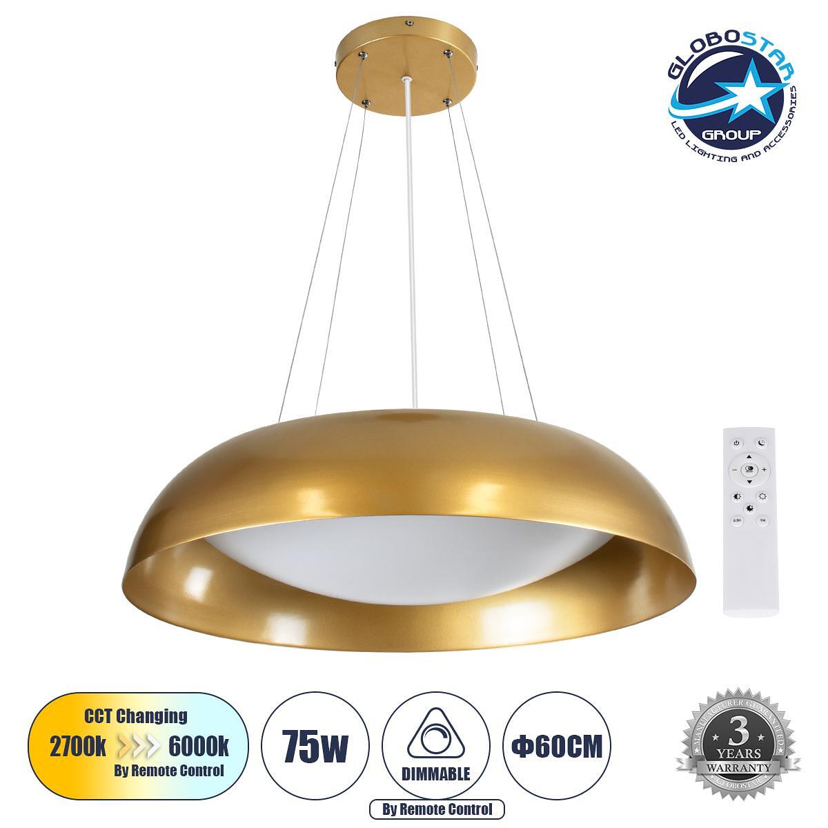 GLOBOSTAR® ANATOLIA 61270 Модерен висящ LED полилей 75W 8625lm 120° AC 220-240V IP20 Регулируема бяла светлина CCT с дистанционно управление от 2700K