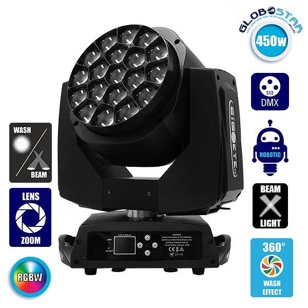 Движеща се роботизирана глава Atlas HAWKEYE 2 K10 BEE EYE PRO 4in1 BEAM - WASH - ROTATION - ZOOM 4°-60° 19*15 Watt OSRAM LED RGBW 450W 230V DMX512 Gl