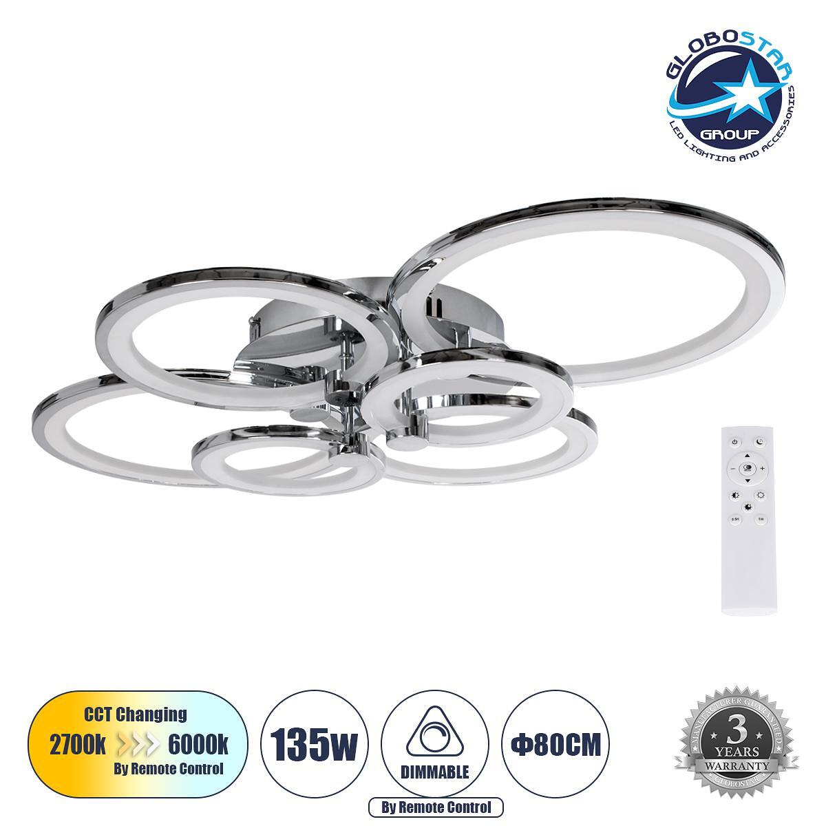 GLOBOSTAR® ROYAL-R 61324 Модерен LED плафон 135W 16200lm 360° AC 220-240V IP20 Регулируема бяла светлина CCT с дистанционно управление от 2700K до 60