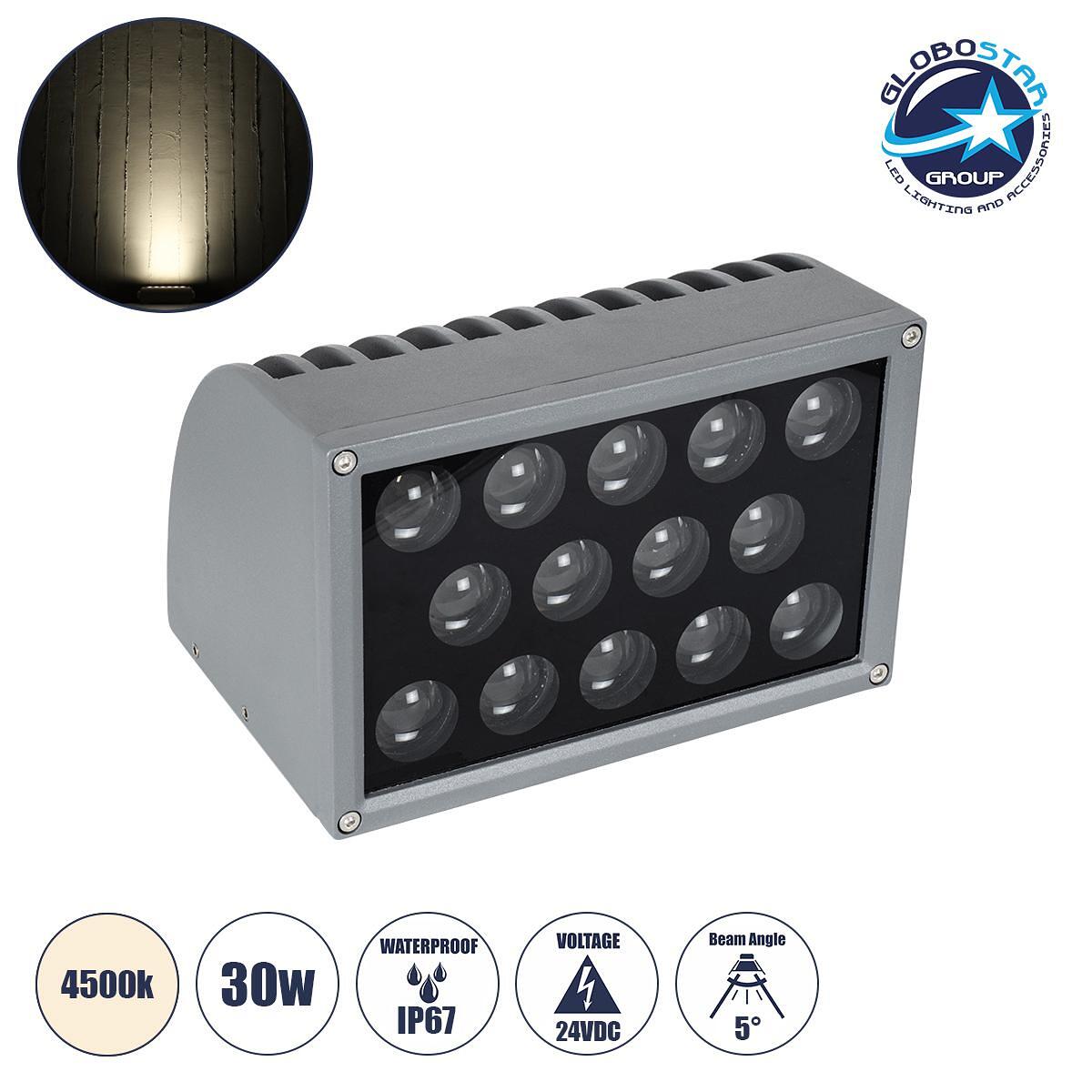GloboStar® FLOOD-DENA 90488 Външен Прожектор Wall Washer за Осветление на Сгради - Аплик & Подов LED 30W 2850lm 5° DC 24V Водоустойчив IP67 М18.5 x Ш