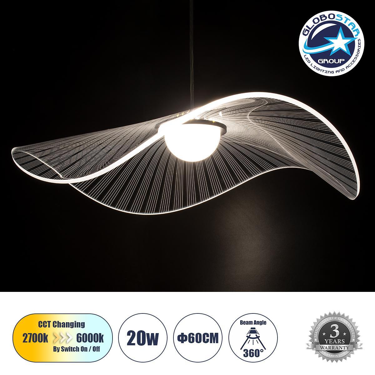 GLOBOSTAR® ACRYLICA 60975 Модерен висящ LED плафон 20W 2240lm 360° AC 220-240V IP20 Регулируема бяла светлина CCT с On/Off 2700K/4500K/6000K - Lumile
