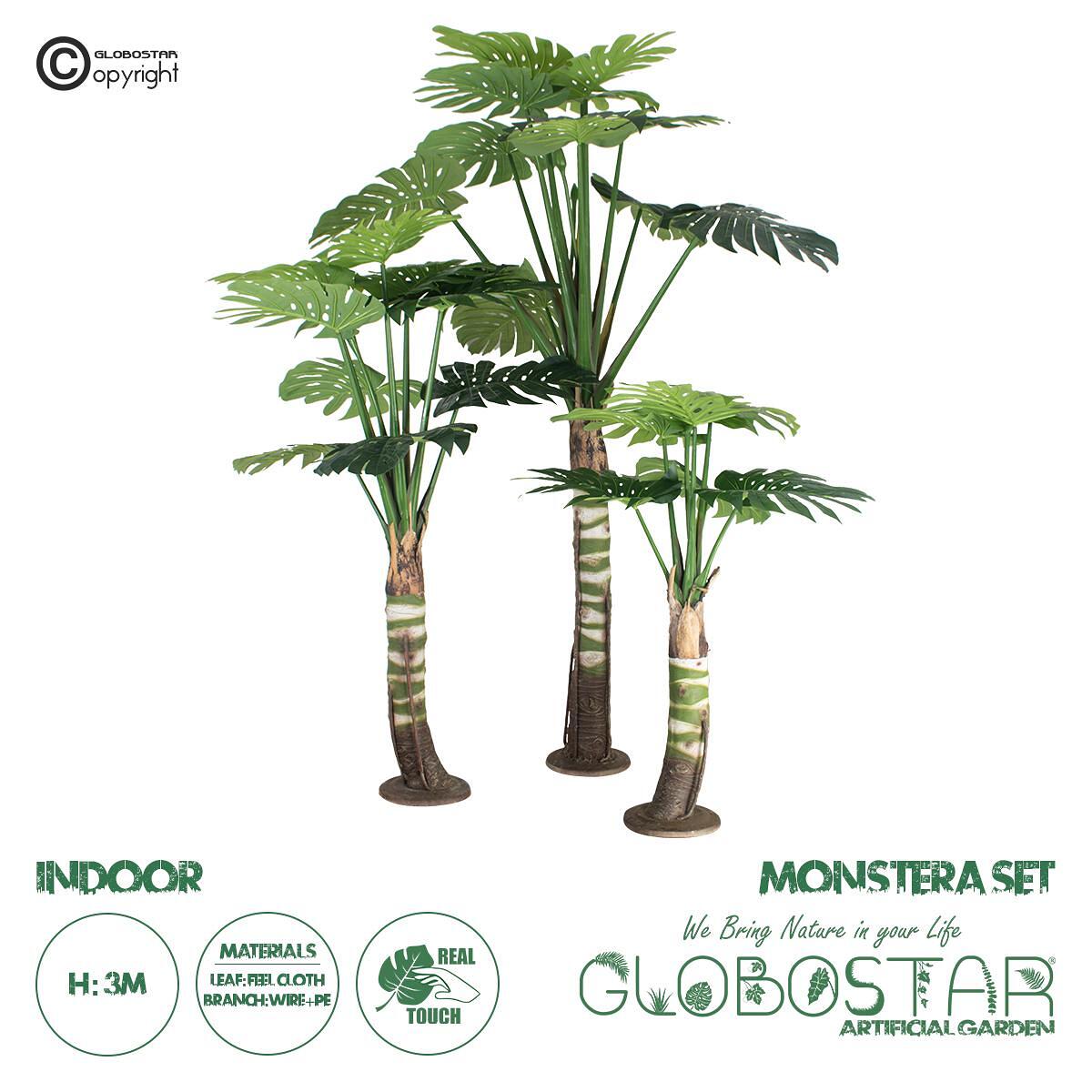 GloboStar® Изкуствена Градина MONSTERA SET 20090 - Изкуствен Декоративен Комплект Растения Монстера A:В300cm B:В200cm C:В150cm