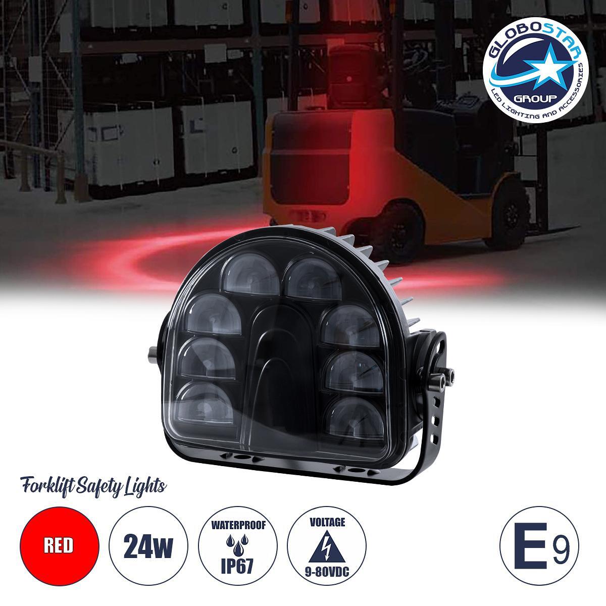 GloboStar® 85423 E9 Mark Светлини за безопасност на мотокари - Предупредителни и маркиращи LED светлини за мотокари 24W DC 9-80V Водоустойчив IP67 Че