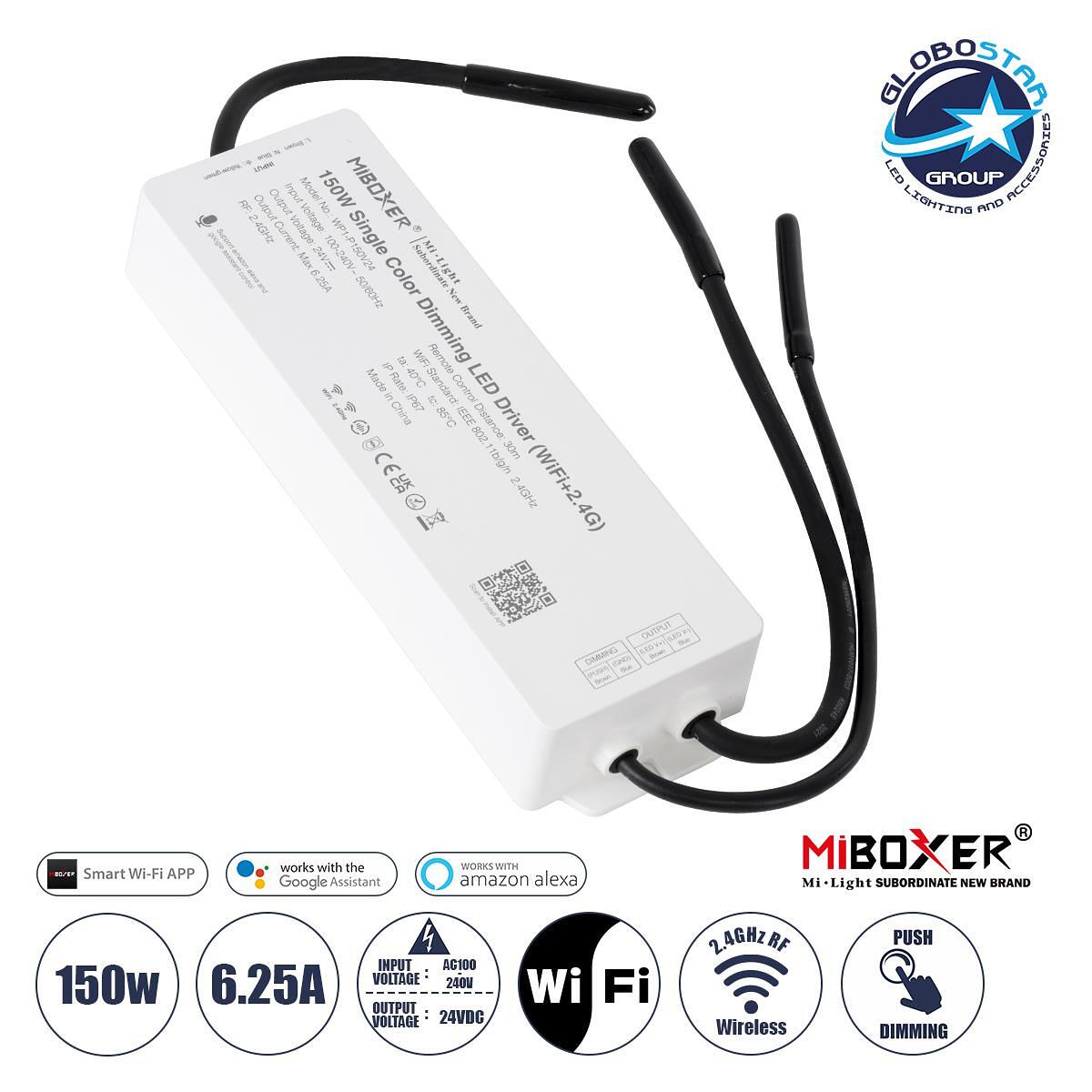 GloboStar® 71438 WP1-P150V24 Mi-BOXER DC Smart Wifi & RF 2.4Ghz & Push Dimming Захранване SELV & Контролер / Димер Всичко в едно AC100-240V към DC 24