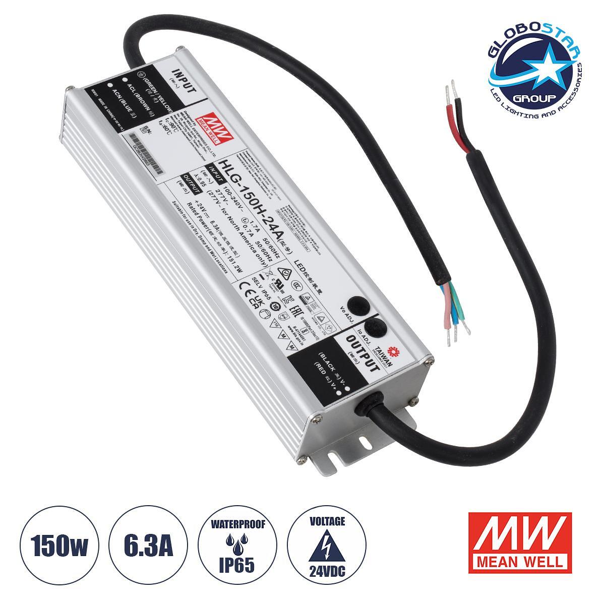 GLOBOSTAR® MEANWELL-HLG-150H-24A 90785 Захранване/Трансформатор SELV 150W 6.25A DC 24V Водоустойчив IP65 - AC 220-240V към DC 24V - Д22.8 x Ш6.8 x В4