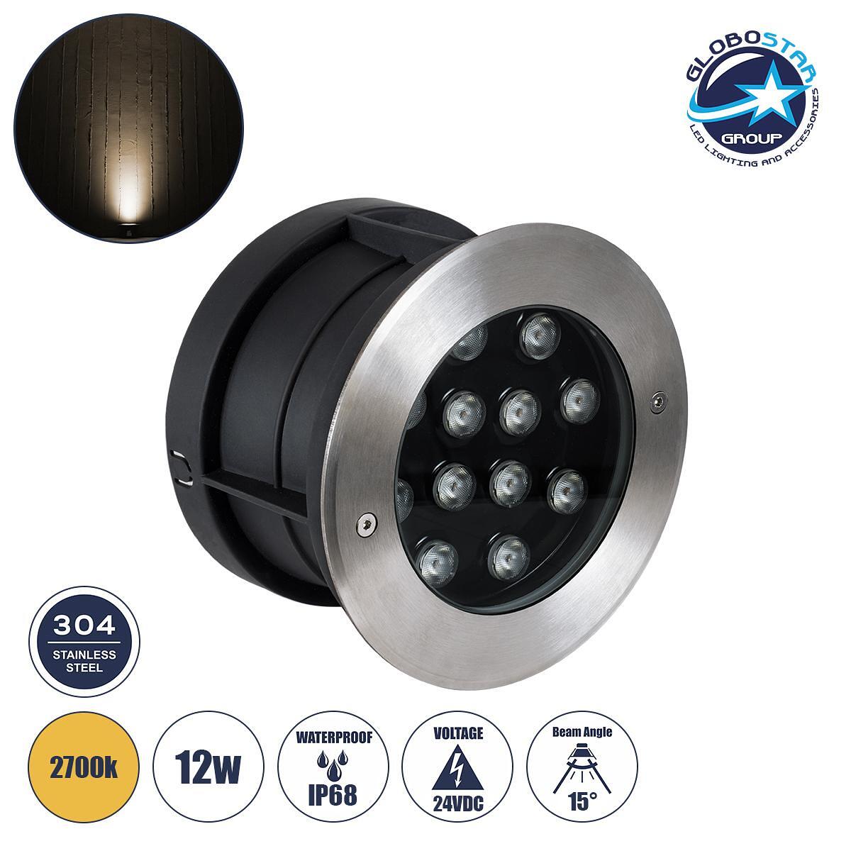 GloboStar® UNDERWATER-JULIA 90568 Подводен Вграден Прожектор Специален за Фонтани LED 12W 1080lm 15° DC 24V Водоустойчив IP68 Φ18 x В11.2cm Топло Бял