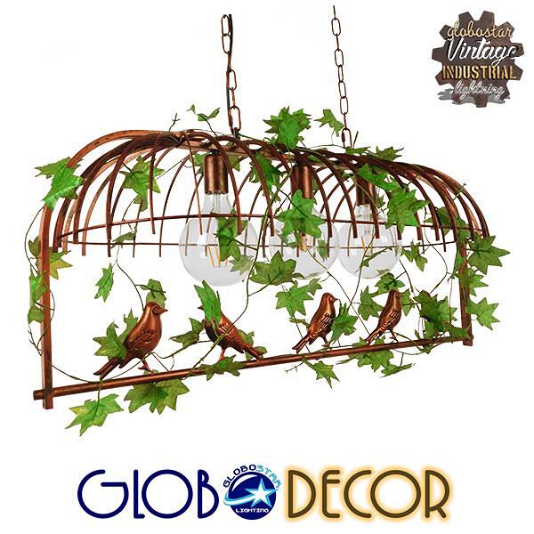 GLOBOSTAR® NEST 01648 Винтидж Висяща Лампа за Таван с Фасунга 3 x E27 AC 220-240V IP20 - Меден & Зелен - Д85.5 x Ш37.5 x В38cm