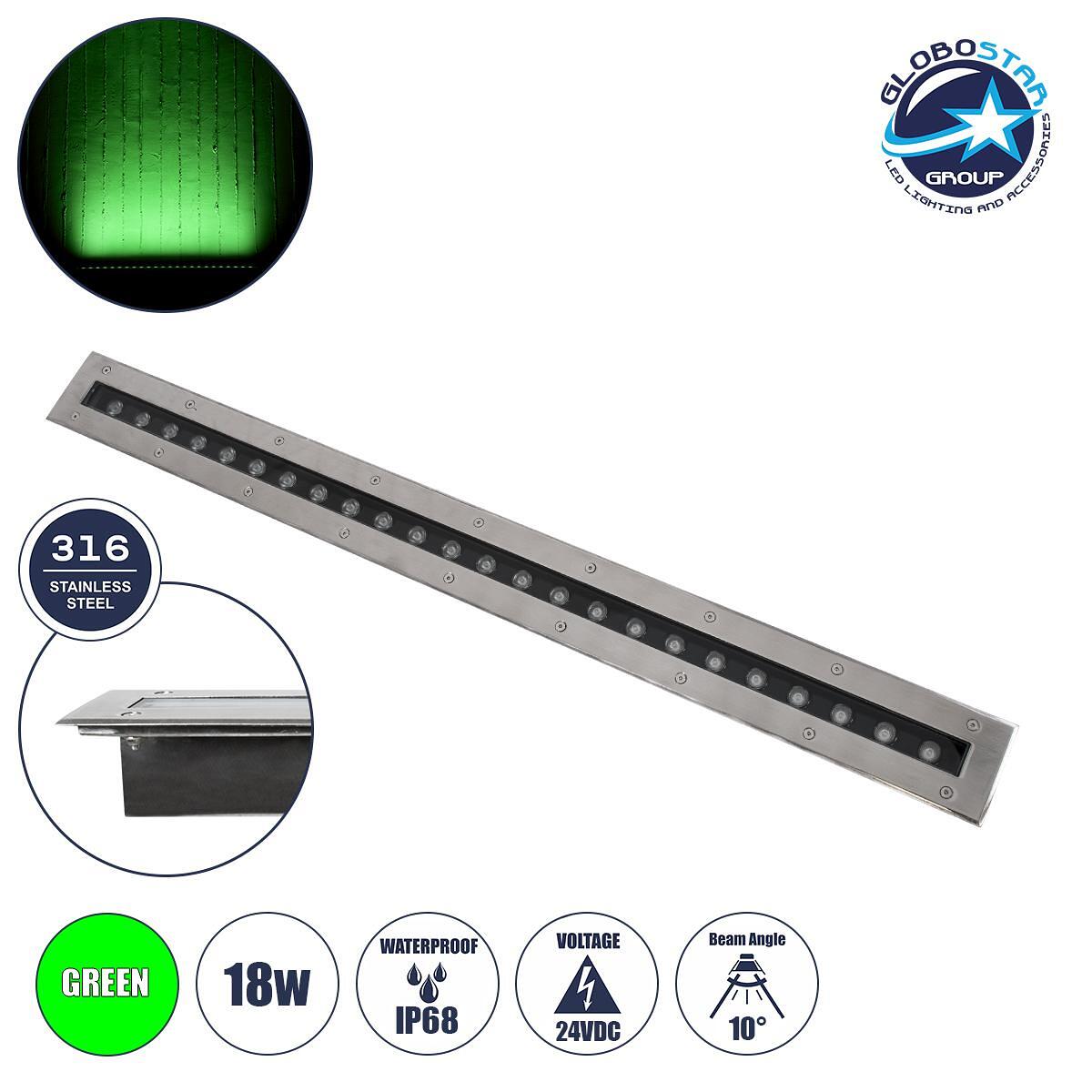 GloboStar® UNDERGROUND-REMVI 90194-G Вградена LED Wall Washer осветителна лампа за под 18W 1440lm 10° DC 24V Водоустойчива IP68 L100 x W9 x H7.2cm Зе