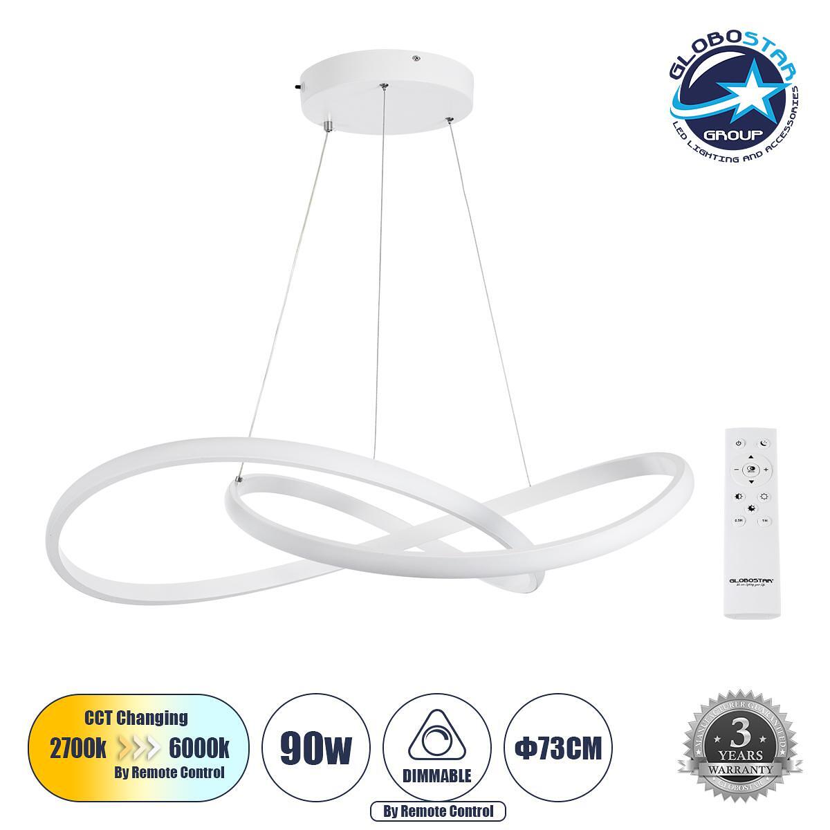 GLOBOSTAR® DEXTER 60914 Модерен висящ LED плафон 90W 10080lm 300° AC 220-240V IP20 Регулируема бяла светлина CCT с дистанционно управление от 2700K д