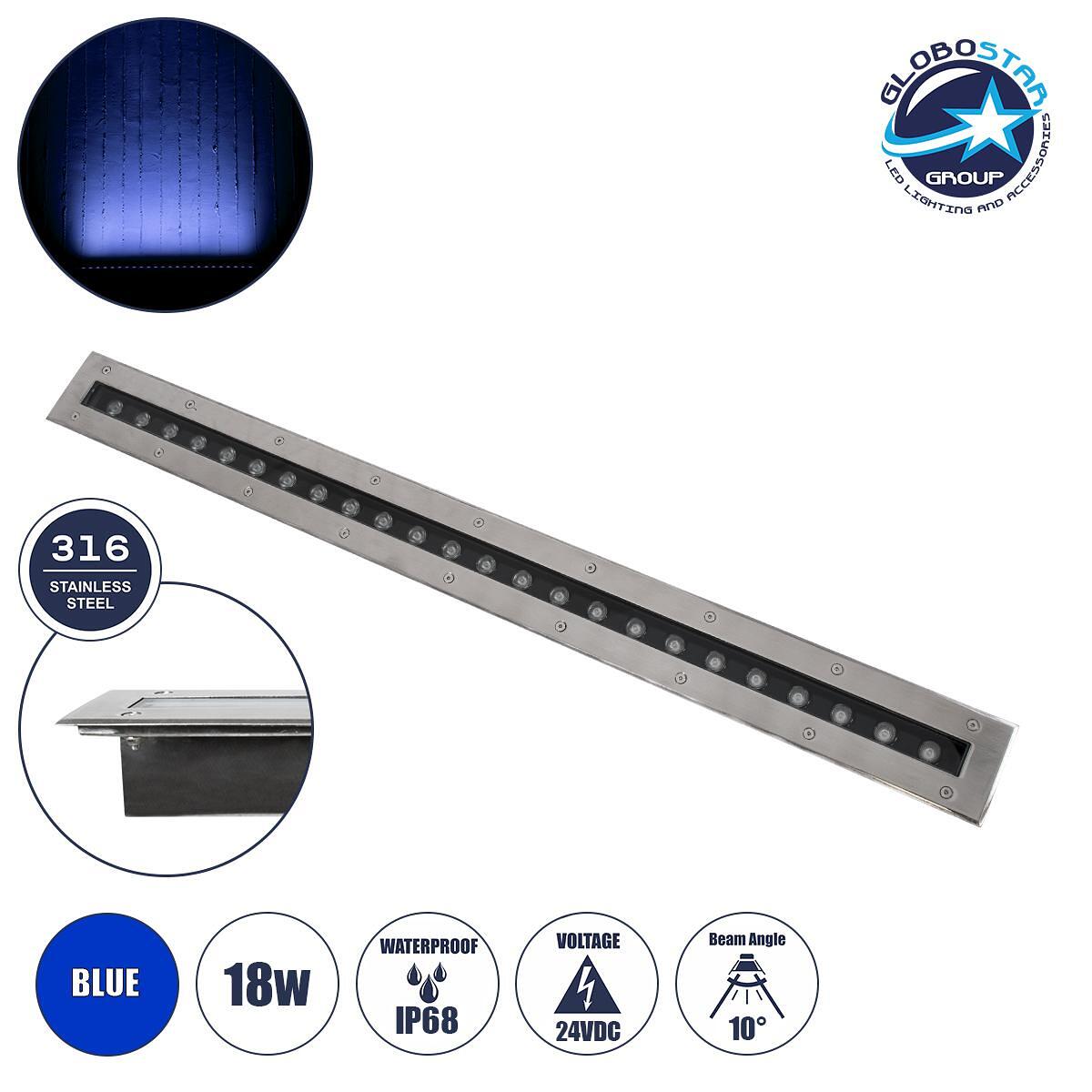 GloboStar® UNDERGROUND-REMVI 90194-B Вградена LED Wall Washer подова лампа 18W 1440lm 10° DC 24V Водоустойчива IP68 L100 x W9 x H7.2cm Синя - Неръжда