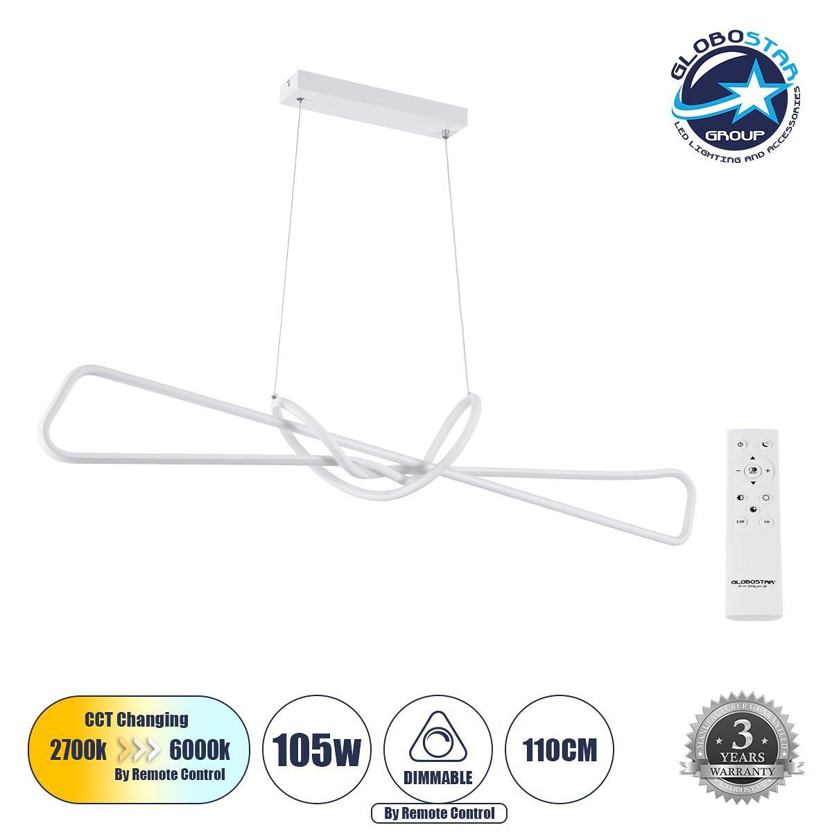 GLOBOSTAR® DOLORES 61280 Модерен висящ LED плафон 105W 11760lm 300° AC 220-240V IP20 Регулируема бяла светлина CCT с дистанционно управление от 2700K