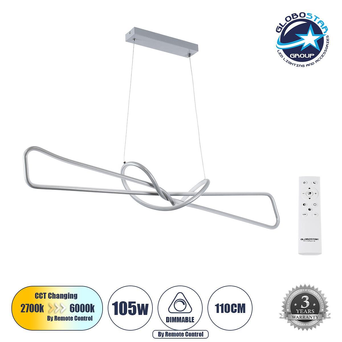 GLOBOSTAR® DOLORES 61281 Модерен висящ LED плафон 105W 11760lm 300° AC 220-240V IP20 Регулируема бяла светлина CCT с дистанционно управление от 2700K