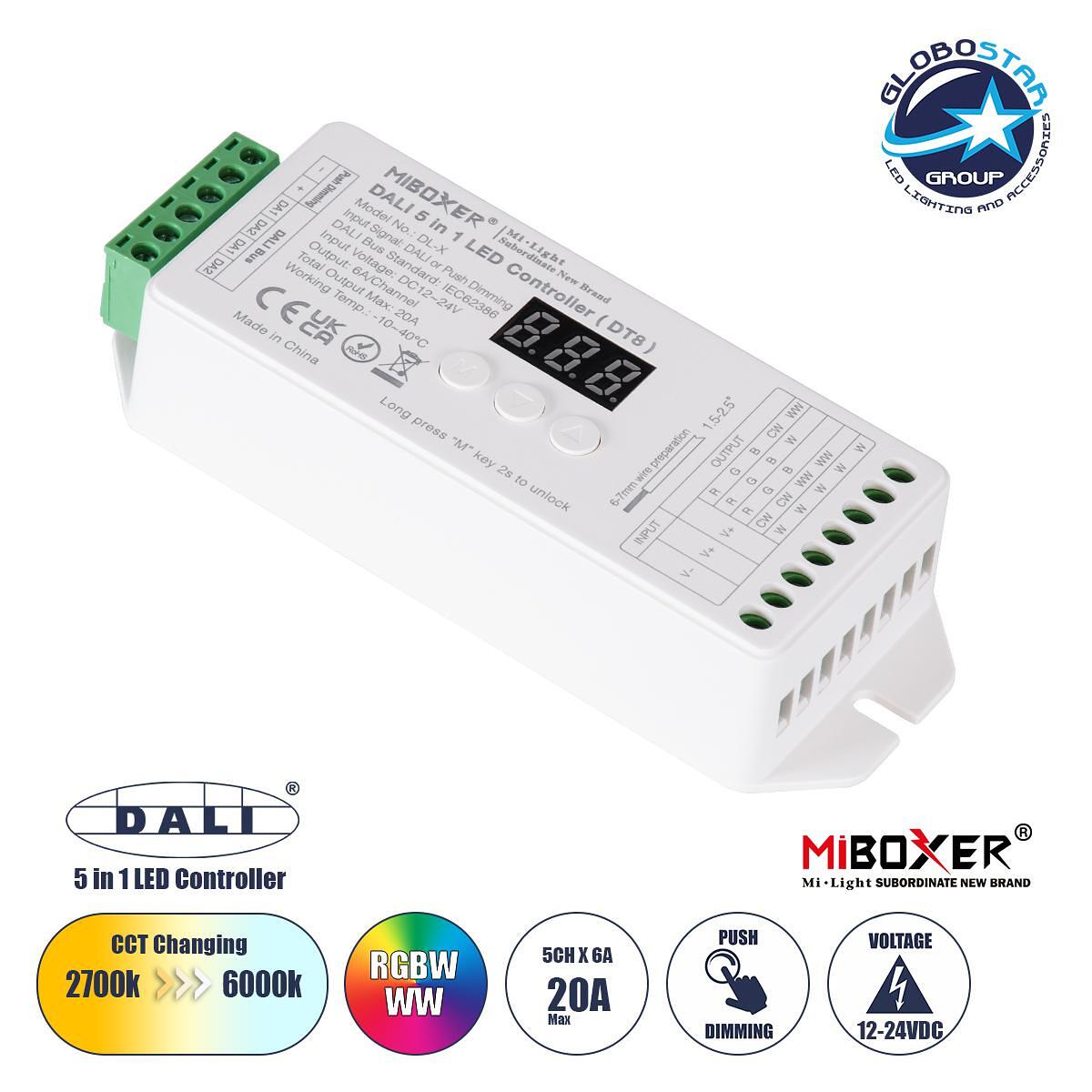 GLOBOSTAR® MiBOXER-DL-X 71423 DC DALI BUS & Push Димер / Контролер с 5 x 6A 144W Канала DC 12-24V 20A 480W Max IP20 - DALI BUS & Push Dimming - Д13 x
