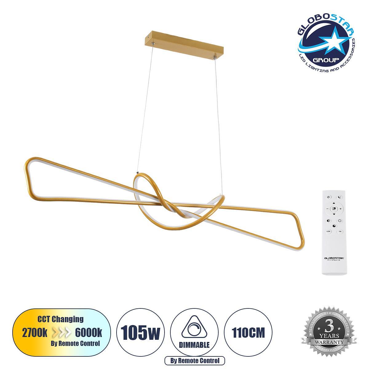 GLOBOSTAR® DOLORES 61282 Модерен висящ LED плафон 105W 11760lm 300° AC 220-240V IP20 Регулируема бяла светлина CCT с дистанционно управление от 2700K