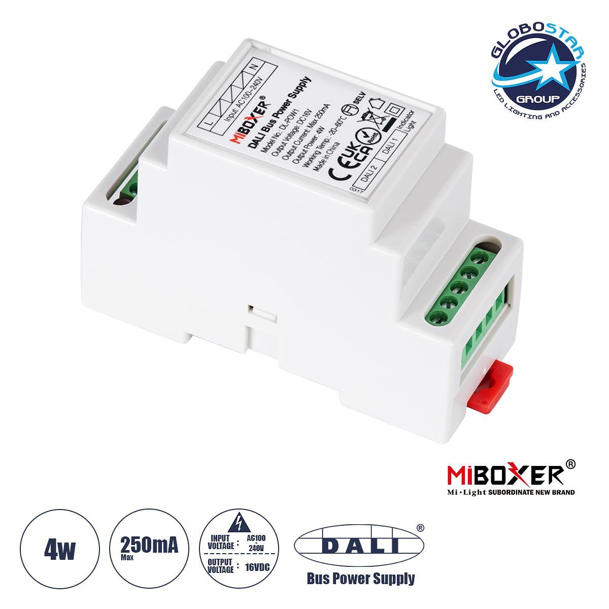 GLOBOSTAR® MiBOXER-DL-POW1 71420 DC DALI BUS Захранване/Трансформатор SELV за DIN шина с 2 x 125mA 2W канала AC 220-240V към DC 16V 250mA 4W Max IP20