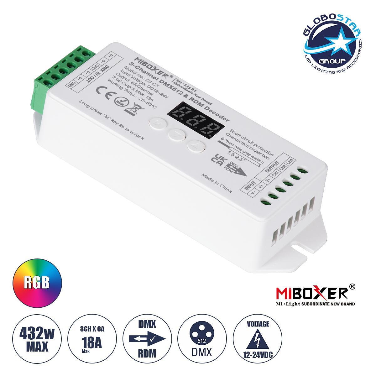 GloboStar® 71425 D3-CX Mi-BOXER DC DMX & RDM Димер Високоскоростен Контролер / Декодер 3 Канала DC 12-24V 3 x 6A 144W - Макс 18A 432W - IP20 Д13 x Ш5