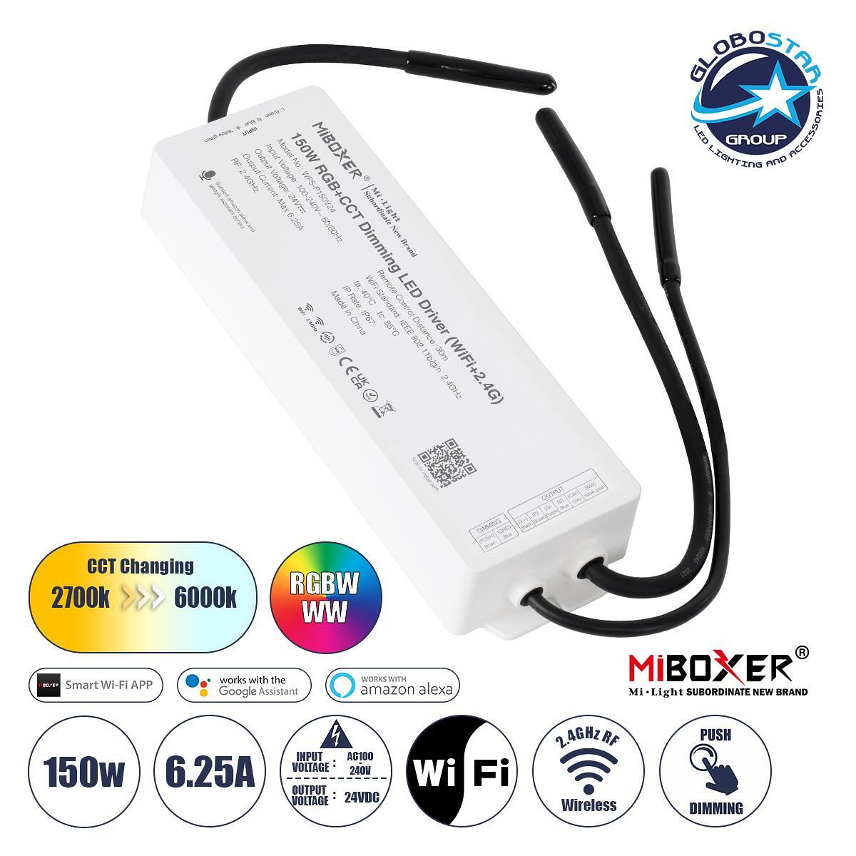 GloboStar® 71440 WP5-P150V24 Mi-BOXER DC Smart Wifi & RF 2.4Ghz & Push Dimming Захранване SELV & Контролер / Димер All in One 5 канала AC100-240V към