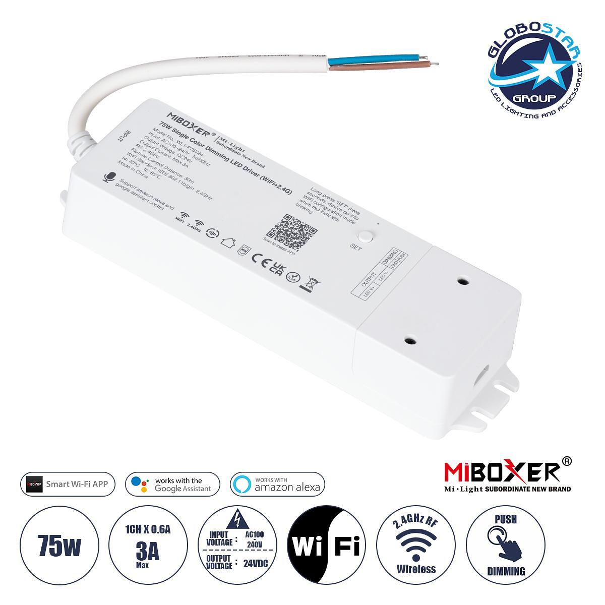 GloboStar® 71437 WL1-P75V24 Mi-BOXER DC Smart Wifi & RF 2.4Ghz & Push Dimming Захранващ блок SELV & Контролер / Димер Всичко в едно AC100-240V към DC