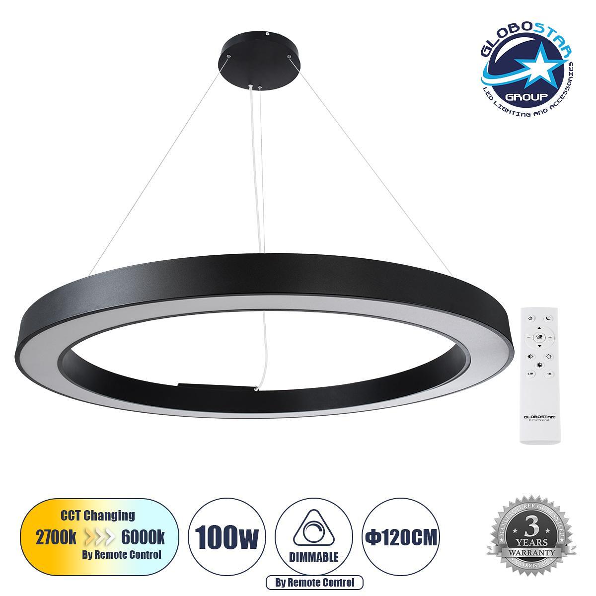GLOBOSTAR® RA 61198 Модерен висящ LED плафон 100W 11020lm 120° AC 220-240V IP20 Регулируема бяла светлина CCT с дистанционно управление от 2700K до 6