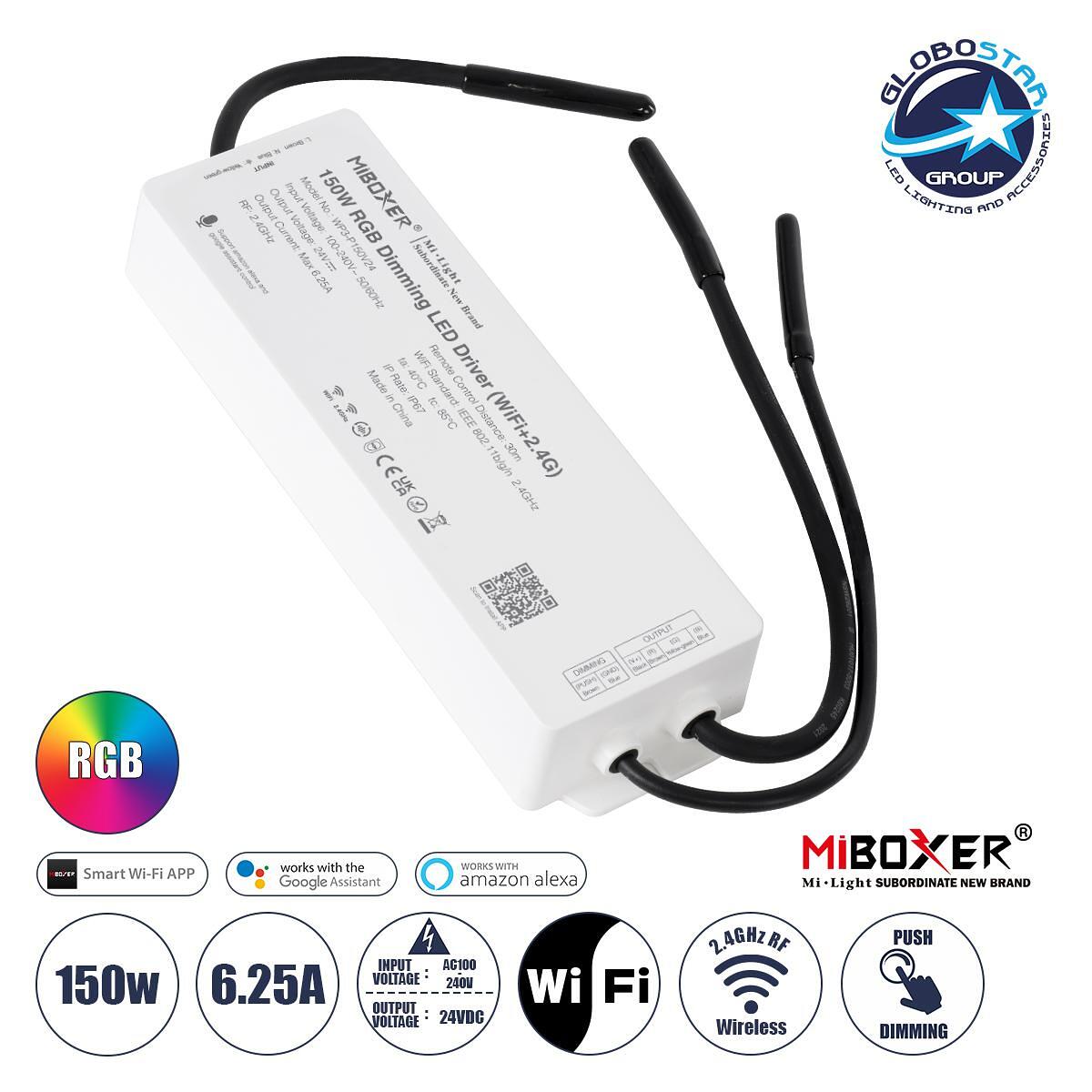 GloboStar® 71442 WP3-P150V24 Mi-BOXER DC Smart Wifi & RF 2.4Ghz Захранване SELV & Контролер / Димер Всичко в едно 3 канала AC100-240V към DC 24V 3 x