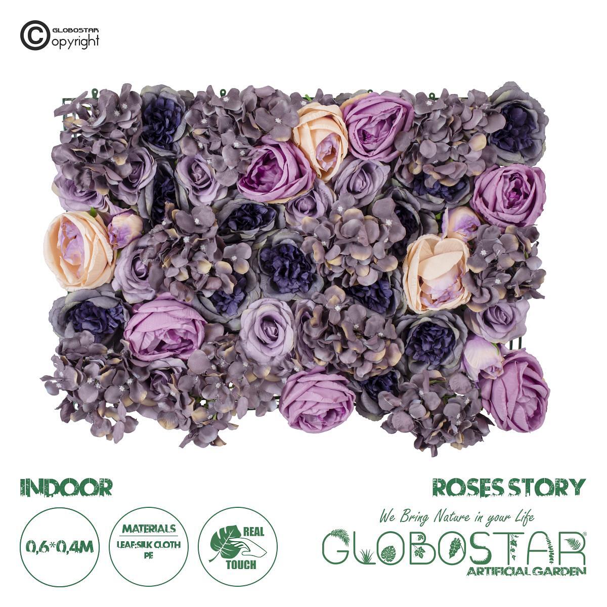 GloboStar® Изкуствена Градина ROSES STORY 20352 Изкуствен Декоративен Панел с Цветя - Вертикална Градина композиция Лилави & Розови Рози М40 x Ш60 x