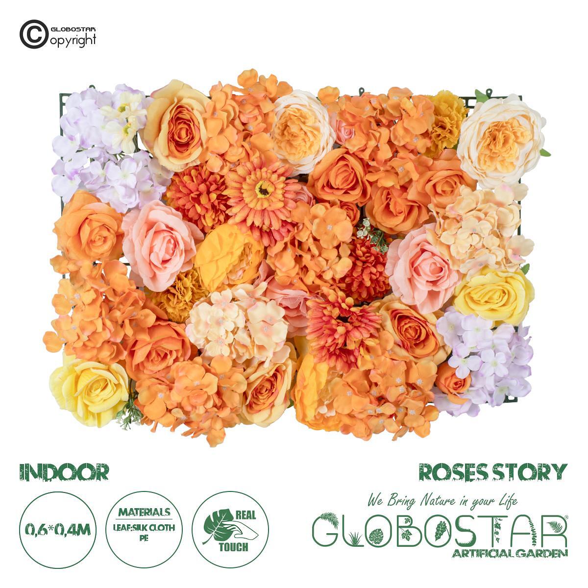 GloboStar® Изкуствена Градина ROSES STORY 20354 Изкуствен Декоративен Панел с Цветя - Вертикална Градина с композиция от Оранжеви и Розови Рози М40 x