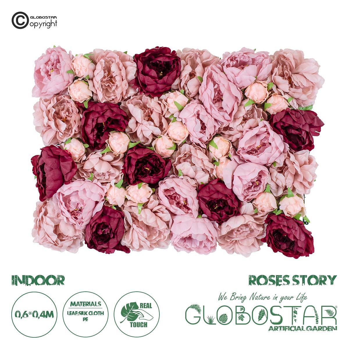 GloboStar® Изкуствена Градина ROSES STORY 20355 Изкуствен Декоративен Панел с Цветя - Вертикална Градина с композиция от Розови и Бордо Рози М40 x Ш6