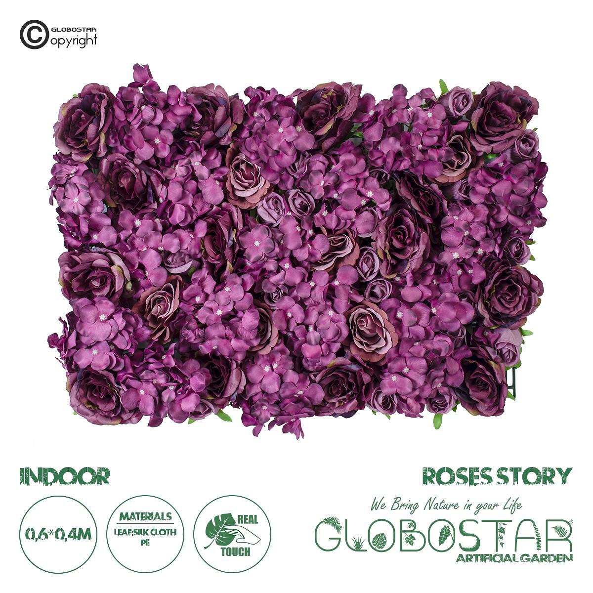 GloboStar® Artificial Garden ROSES STORY 20356 Изкуствен декоративен панел с цветя - Вертикална градина с композиция от фуксия и бордо рози М40 x Ш60