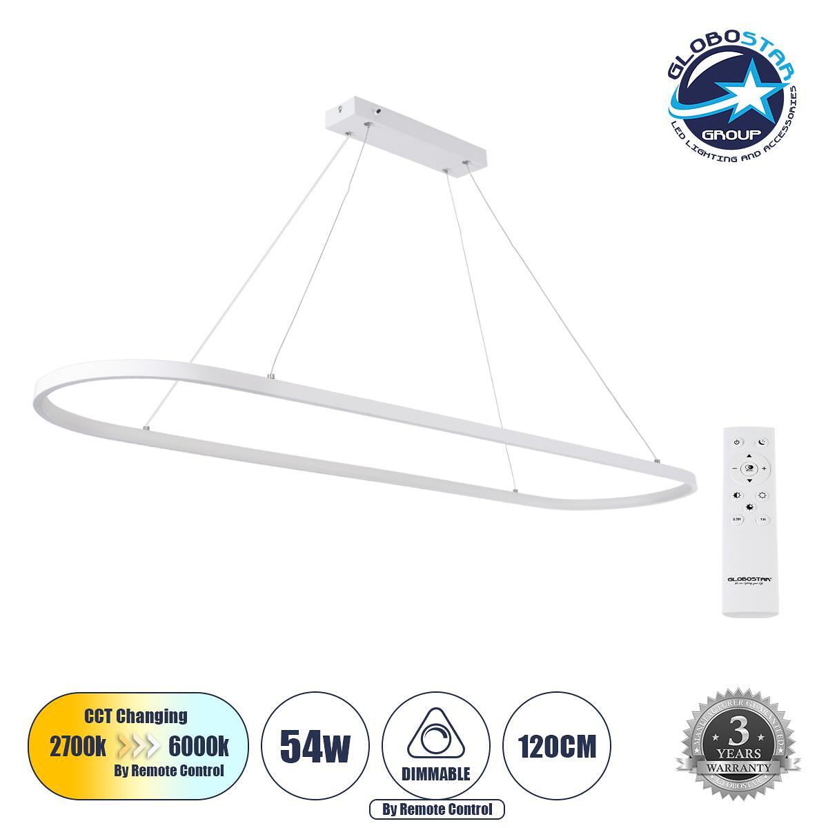 GLOBOSTAR® BOLIVAR 61272 Модерен висящ LED плафон 54W 6210lm 360° AC 220-240V IP20 Регулируема бяла светлина CCT с дистанционно управление от 2700K д